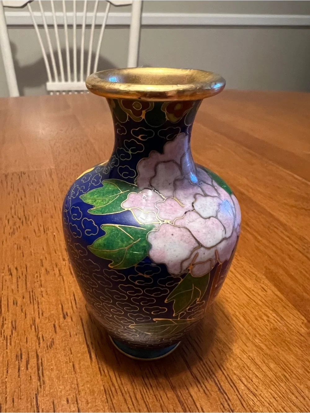 Hand-Painted Cloisonné Floral Vase - Blue and Pink, vintage